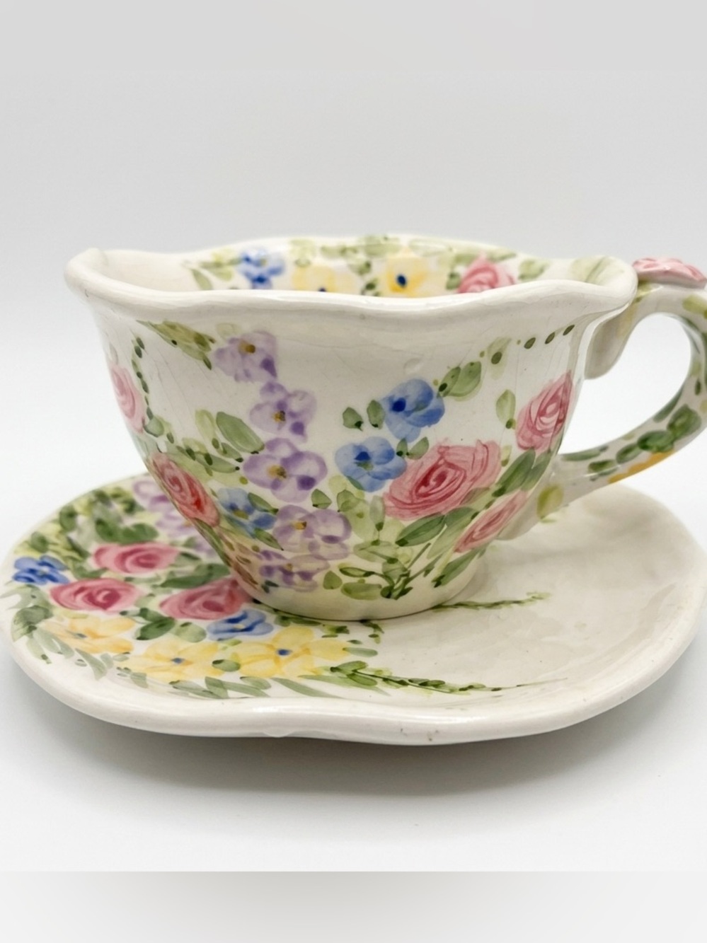Hand-Painted Floral Teacup and Saucer - Pink, Blue, Yellow Flowers